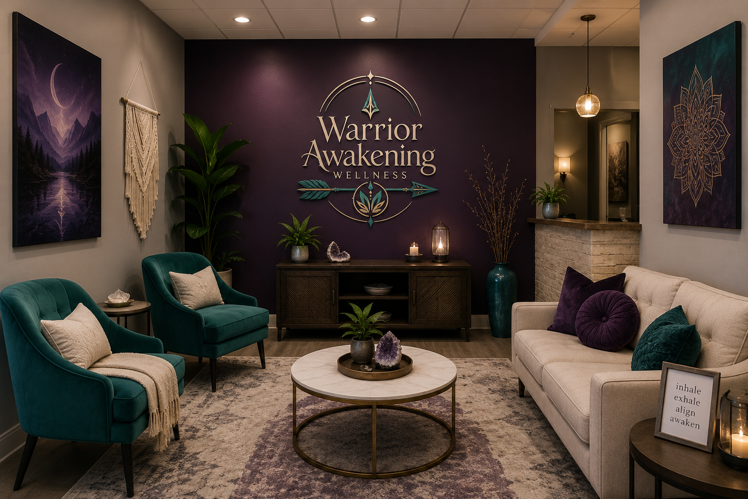 Warrior Awakening Wellness lobby with the brand logo on the feature wall, teal armchairs, crystals, and warm lighting